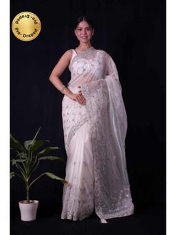 Isadora Life - Womens Embroidered Sequined White Pre-Draped Saree With Unstitched Blouse