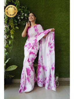 Isadora Life - Womens Tie & Dye Mirror Work White Pre-Draped Saree With Unstitched Blouse