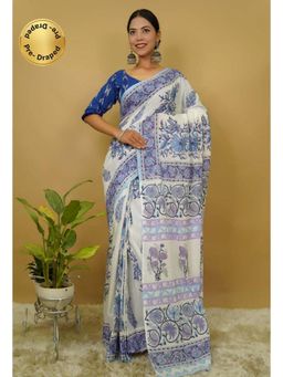 Isadora Life - Womens Floral Printed White Pre-Draped Saree With Unstitched Blouse