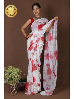 Isadora Life - Womens Floral Printed White Pre-Draped Saree With Unstitched Blouse