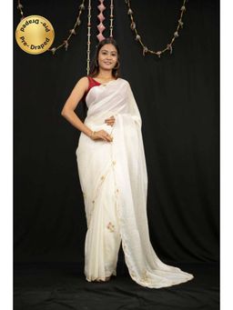 Isadora Life - Womens Embroidered Sequined Off White Pre-Draped Saree With Unstitched Blouse