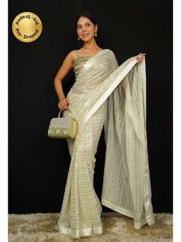 Isadora Life - Womens Embroidered Sequined Cream Pre-Draped Saree With Unstitched Blouse