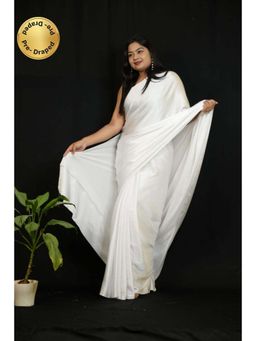 Isadora Life - Womens Plain White Pre-Draped Saree With Unstitched Blouse