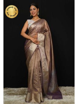 Isadora Life - Womens Woven Zari Brown Pre-Draped Saree With Unstitched Blouse