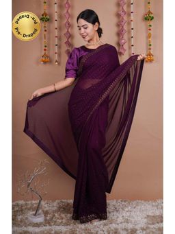 Isadora Life - Womens Beads Sequined Purple Pre-Draped Saree With Unstitched Blouse