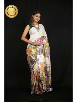 Isadora Life - Womens Printed White Pre-Draped Saree With Unstitched Blouse