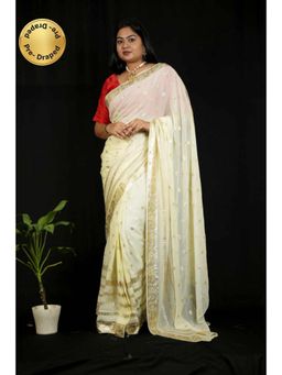 Isadora Life - Womens Woven Zari Ivory Pre-Draped Saree With Unstitched Blouse