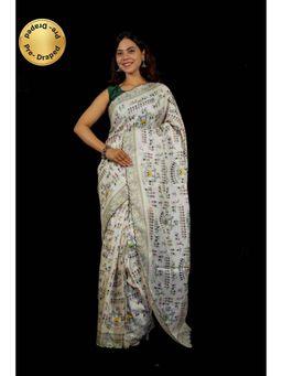 Isadora Life - Womens Printed White Pre-Draped Saree With Unstitched Blouse