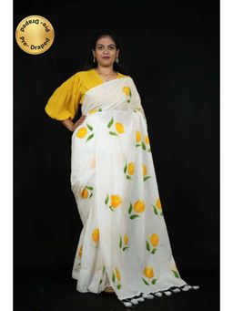 Isadora Life - Womens Floral Tassels White Pre-Draped Saree With Unstitched Blouse