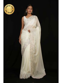 Isadora Life - Womens Embroidered Thread Work White Pre-Draped Saree With Unstitched Blouse