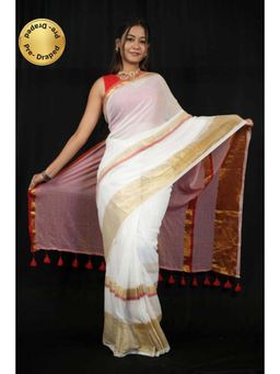 Isadora Life - Womens Woven Tassels White Pre-Draped Saree With Unstitched Blouse