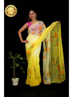 Isadora Life - Womens Floral Printed Yellow Pre-Draped Saree With Unstitched Blouse