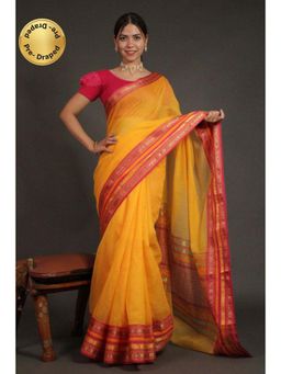 Isadora Life - Womens Solid Woven Yellow Pre-Draped Saree With Unstitched Blouse