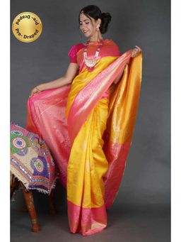 Isadora Life - Womens Woven Zari Yellow Pre-Draped Saree With Unstitched Blouse
