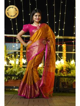 Isadora Life - Womens Woven Tassels Mustard Pre-Draped Saree With Unstitched Blouse