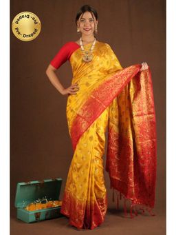 Isadora Life - Womens Woven Tassels Yellow Pre-Draped Saree With Unstitched Blouse