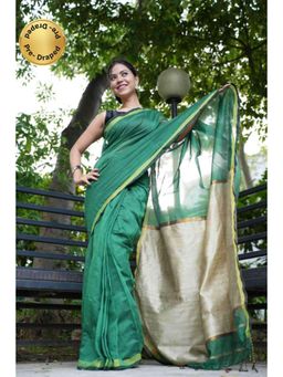 Isadora Life - Womens Woven Tassels Green Pre-Draped Saree With Unstitched Blouse