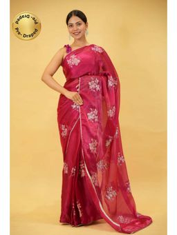 Isadora Life - Womens Embroidered Sequined Pink Pre-Draped Saree With Unstitched Blouse