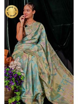 Isadora Life - Womens Floral Tassels Blue Pre-Draped Saree With Unstitched Blouse