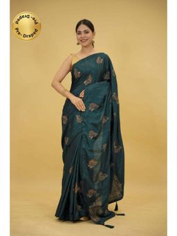 Isadora Life - Womens Embroidered Tassels Teal Pre-Draped Saree With Unstitched Blouse