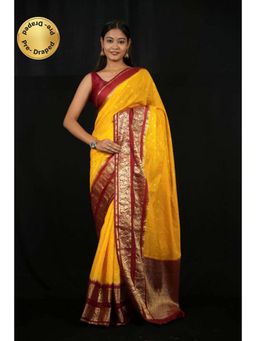 Isadora Life - Womens Woven Zari Yellow Pre-Draped Saree With Unstitched Blouse
