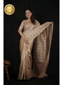 Isadora Life - Womens Stripes Woven Beige Pre-Draped Saree With Unstitched Blouse