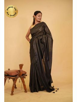 Isadora Life - Womens Stripes Embroidered Black Pre-Draped Saree With Unstitched Blouse