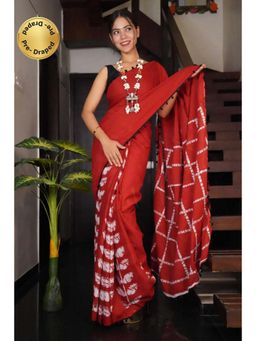 Isadora Life - Womens Hand Block Printed Red Pre-Draped Saree with Unstitched Blouse