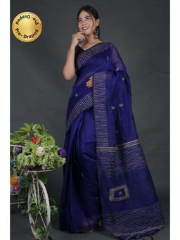 Isadora Life - Womens Woven Tassels Navy Blue Pre-Draped Saree with Unstitched Blouse