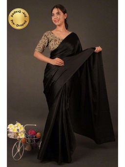 Isadora Life - Womens Plain Black Pre-Draped Saree with Unstitched Blouse