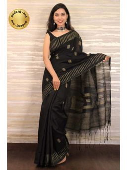 Isadora Life - Womens Stripes Tassels Black Pre-Draped Saree with Unstitched Blouse