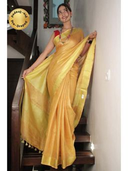 Isadora Life - Womens Woven Tassels Yellow Pre-Draped Saree With Unstitched Blouse