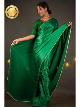 Isadora Life - Womens Solid Lace Work Green Pre-Draped Saree With Unstitched Blouse