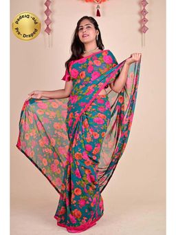 Isadora Life - Womens Floral Sequined Green Pre-Draped Saree With Unstitched Blouse