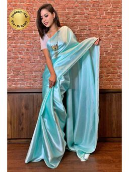Isadora Life - Womens Solid Gota Blue Pre-Draped Saree With Unstitched Blouse