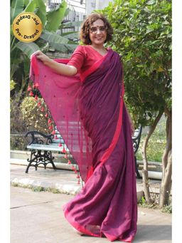 Isadora Life - Womens Solid Tassels Purple Pre-Draped Saree With Unstitched Blouse