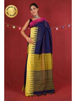 Isadora Life - Womens Woven Tassels Navy Blue Pre-Draped Saree With Unstitched Blouse