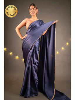 Isadora Life - Womens Solid Sequined Navy Blue Pre-Draped Saree With Unstitched Blouse