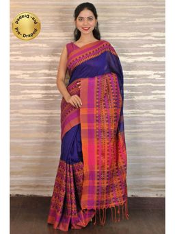 Isadora Life - Womens Woven Tassels Blue Pre-Draped Saree With Unstitched Blouse