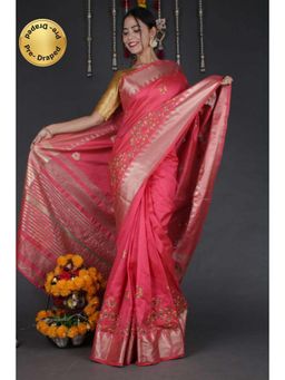 Isadora Life - Womens Woven Embroidered Pink Pre-Draped Saree With Unstitched Blouse