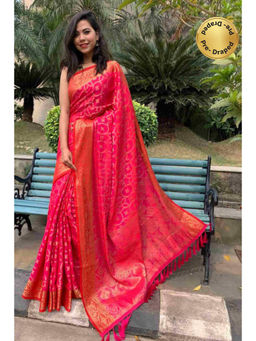 Isadora Life - Womens Woven Tassels Pink Pre-Draped Saree With Unstitched Blouse