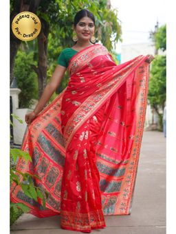 Isadora Life - Womens Woven Zari Red Pre-Draped Saree With Unstitched Blouse