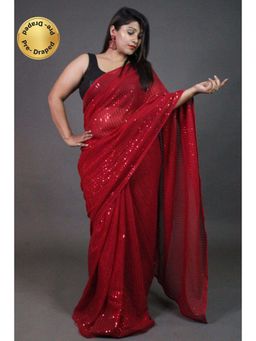 Isadora Life - Womens Sequined Red Pre-Draped Saree With Unstitched Blouse