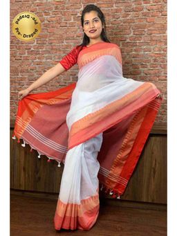 Isadora Life - Womens Woven Tassels White Pre-Draped Saree With Unstitched Blouse