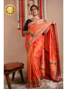 Isadora Life - Womens Woven Zari Orange Pre-Draped Saree With Unstitched Blouse