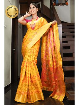 Isadora Life - Womens Woven Zari Yellow Pre-Draped Saree With Unstitched Blouse