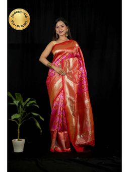 Isadora Life - Womens Woven Zari Pink Pre-Draped Saree with Unstitched Blouse