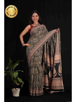Isadora Life - Womens Block Print Black Pre-Draped Saree with Unstitched Blouse