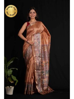 Isadora Life - Womens Kalamkari Printed Copper Pre-Draped Saree with Unstitched Blouse
