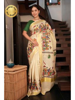 Isadora Life - Womens Zari Printed Beige Pre-Draped Saree with Unstitched Blouse